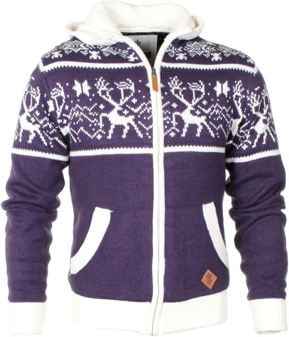 Soulstar Men's Snowflake Reindeer X-Mas Cardigan Knitwear Fur Lined Hooded Jumper
