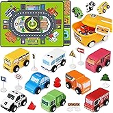 Toddler Car Toys, Toy Cars for Toddlers, Wooden Cars Toys for Toddler Boy, 22 PCS Cars and Trucks Toy Vehicles Set with Playmat, Storage Box, Wood Montessori Toys for Baby Birthday Gift