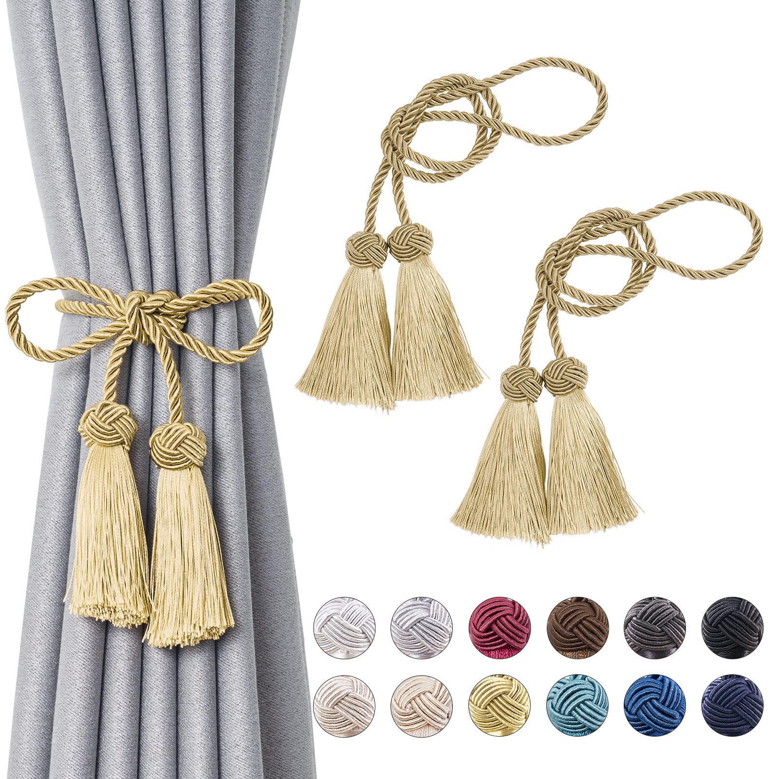 Pretty Jolly 2 Pack Double-ended Tassel Curtain Tiebacks Handmade Braided Rope Knot Drape Tie Backs European Style Decorative Curtain Holdbacks for Home & Office Window Drapery (Gold)