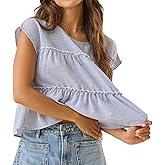 Foidiccx Womens Tiered Cute Boho Blouse Shirts Y2k Striped Ruched Flowy Ruffle Peplum Short Cap Sleeve Babydoll Crop Tops Tee