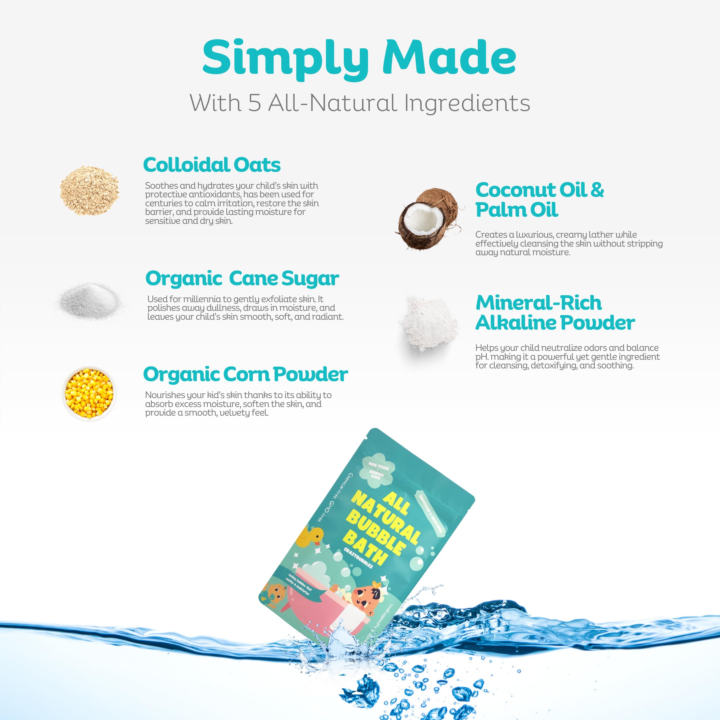 CrazyBubbles All Natural Bubble Bath for Kids & Baby, Hypoallergenic Bubble Bath Kids with Sensitive Skin, Gentle Eczema Safe Baby Essentials, Unscented Powder Mix with Colloidal Oats, Up to 30 Baths