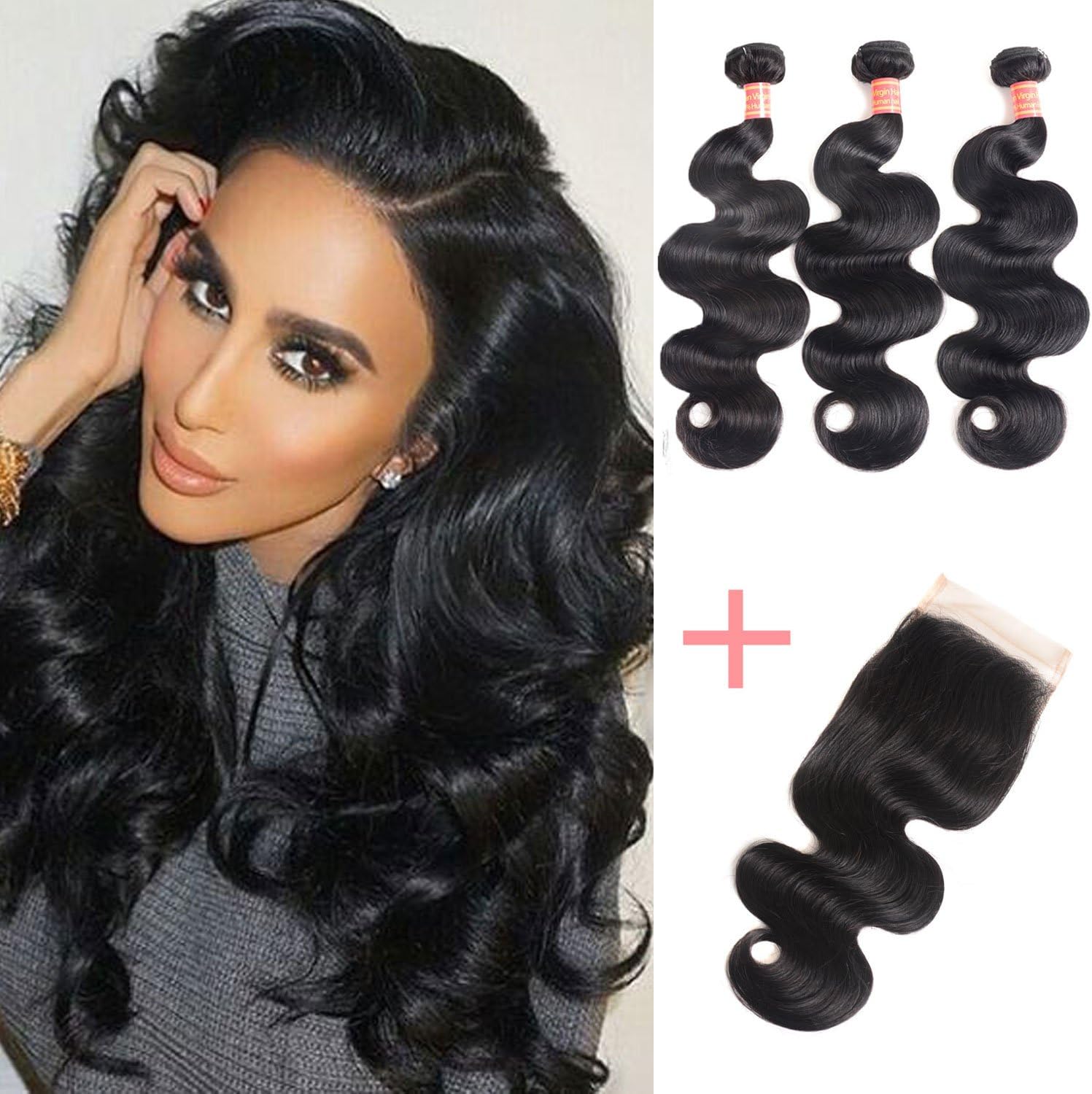 10A Body Wave Bundles with Closure Brazilian Virgin Body Wave Hair 3 Bundles with Closure 100% Unprocessed Brazilian Body Wave Human Hair With Free Part Lace Closure (16 18 20+14" Closure)