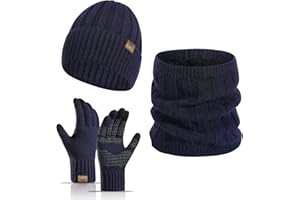 3 in 1 Winter Beanie Hat Neck Warm Scarf and Touch Screen Gloves Set for Women and Men