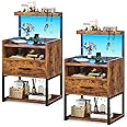 AOGLLATI Nightstand Set of 2 with Charging Station, Rustic Brown Night Stands for Bedroom Set of 2, Bedside Table with Storage Drawer and LED Light, End Side Table with USB Ports Easy Assembly