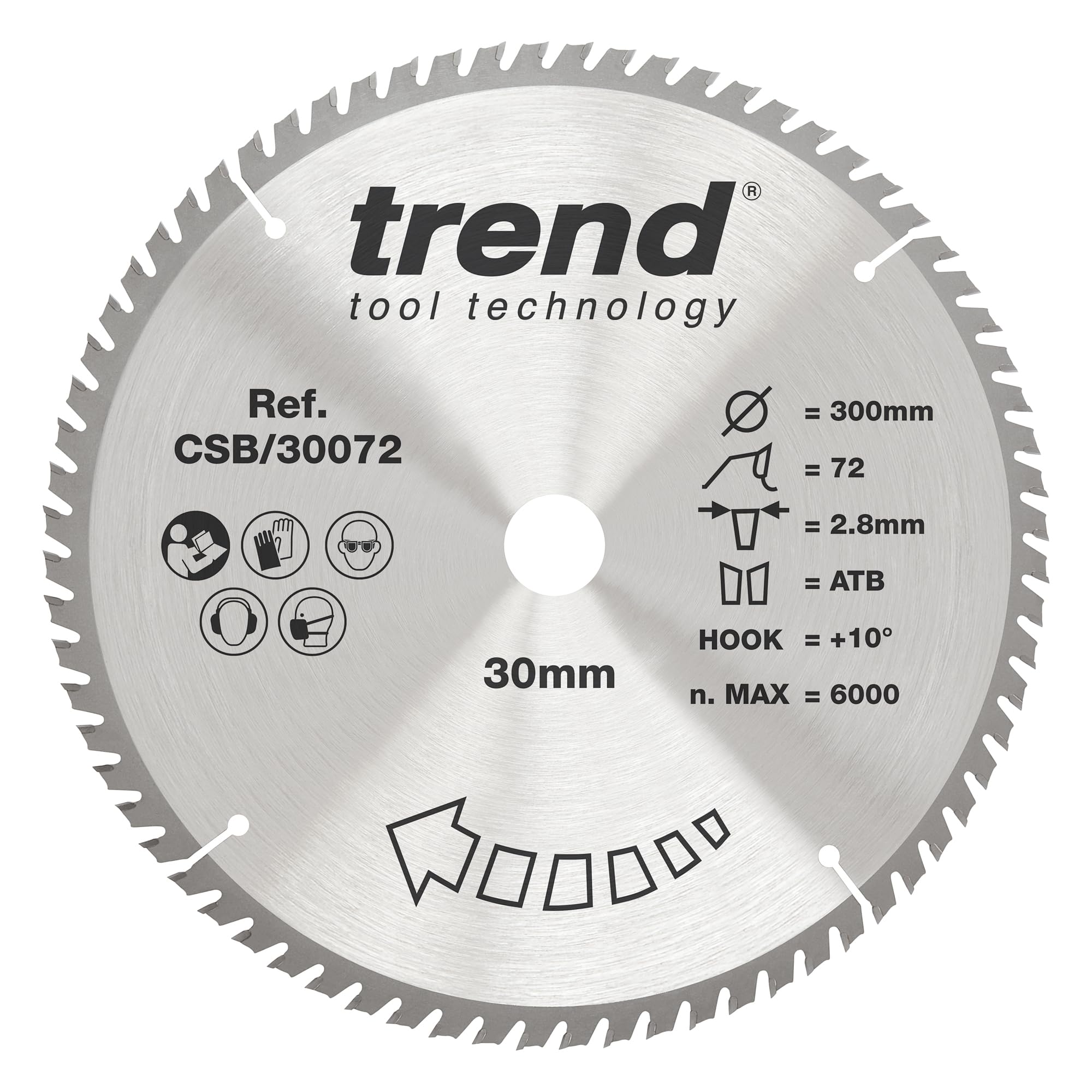 Trend Wood Circular Saw Blade, 300mm Diameter, 30mm Bore, 72 Teeth, 2.8mm Kerf, +10ยฐ Hook, TCT, Fine Finish, CSB/30072