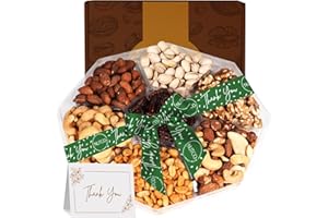 Gourmet Collection Nut Gift Basket With Greeting Card By Nutco 7 Assortments, Arrangement Platter, Care Package - Healthy Kosher USA Made (1 lb, Thank You)