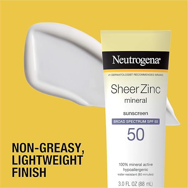 NEUTROGENA SHEER ZINC OXIDE DRY-TOUCH SUNSCREEN LOTION WITH BROAD SPECTRUM SPF 50, WATER-RESISTANT, HYPOALLERGENIC & NON-GREASY MINERAL SUNSCREEN, 3 FL. OZ