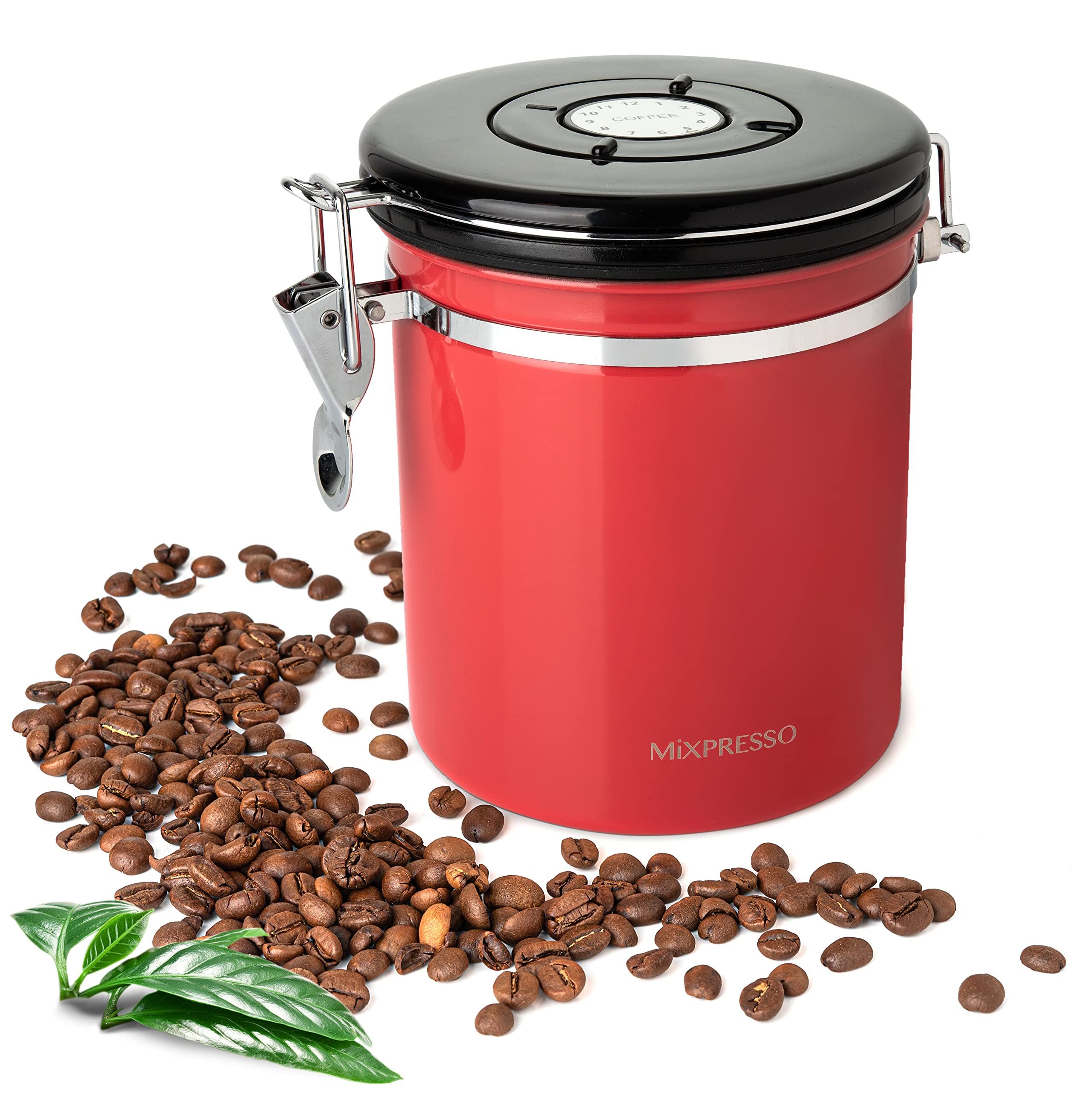Mixpresso 16 Oz Red Coffee Canister, Stainless Steel Airtight Coffee Container, Air tight Jar Tea Storage with Date Tracker, Vacuum Sealed Espresso Airtight Canister, Sugar Container for Home