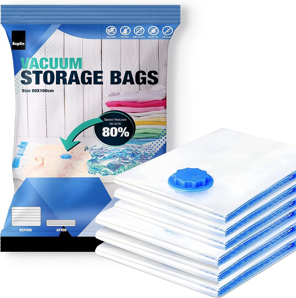KEPLIN Vacuum Storage Bags 6 Pack XL 80x100 cm Double Zip Valve Space Saver
