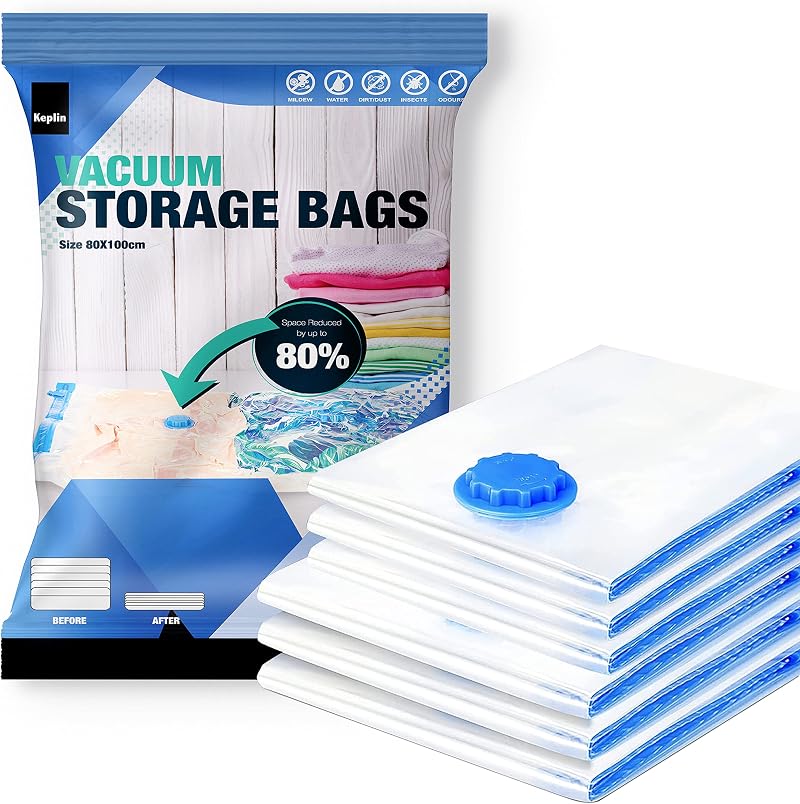 KEPLIN Vacuum Storage Bags 6 Pack XL 80x100 cm Double Zip Valve Space Saver
