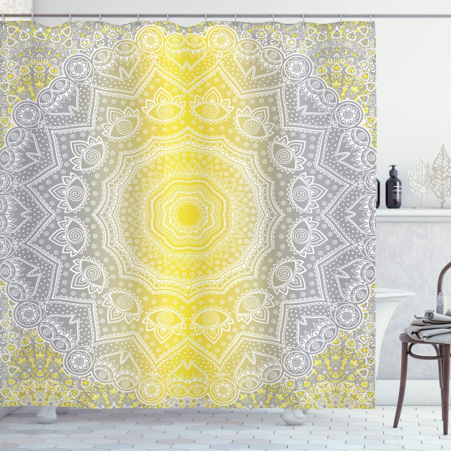 Amazon Com Ambesonne Grey And Yellow Shower Curtain Mandala Ombre Old Boho Pattern With Spiral Round Floral Print Cloth Fabric Bathroom Decor Set With Hooks 70 Long Yellow Grey Home Kitchen