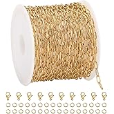 UMAOKANG 16.4 Feet Gold Plated Chain for Jewelry Making Stainless Steel Paperclip Jewelry Chains Bulk with Jewelry Findings