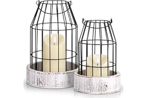 LEIFEOSH Modern Farmhouse Decor Candle Holder with Electronic Candle, Rustic Farmhouse Lantern Decor Wire Metal Cloche Set Home Decor Candle Lantern for Living Room, Dining Table, Mantle, Fireplace