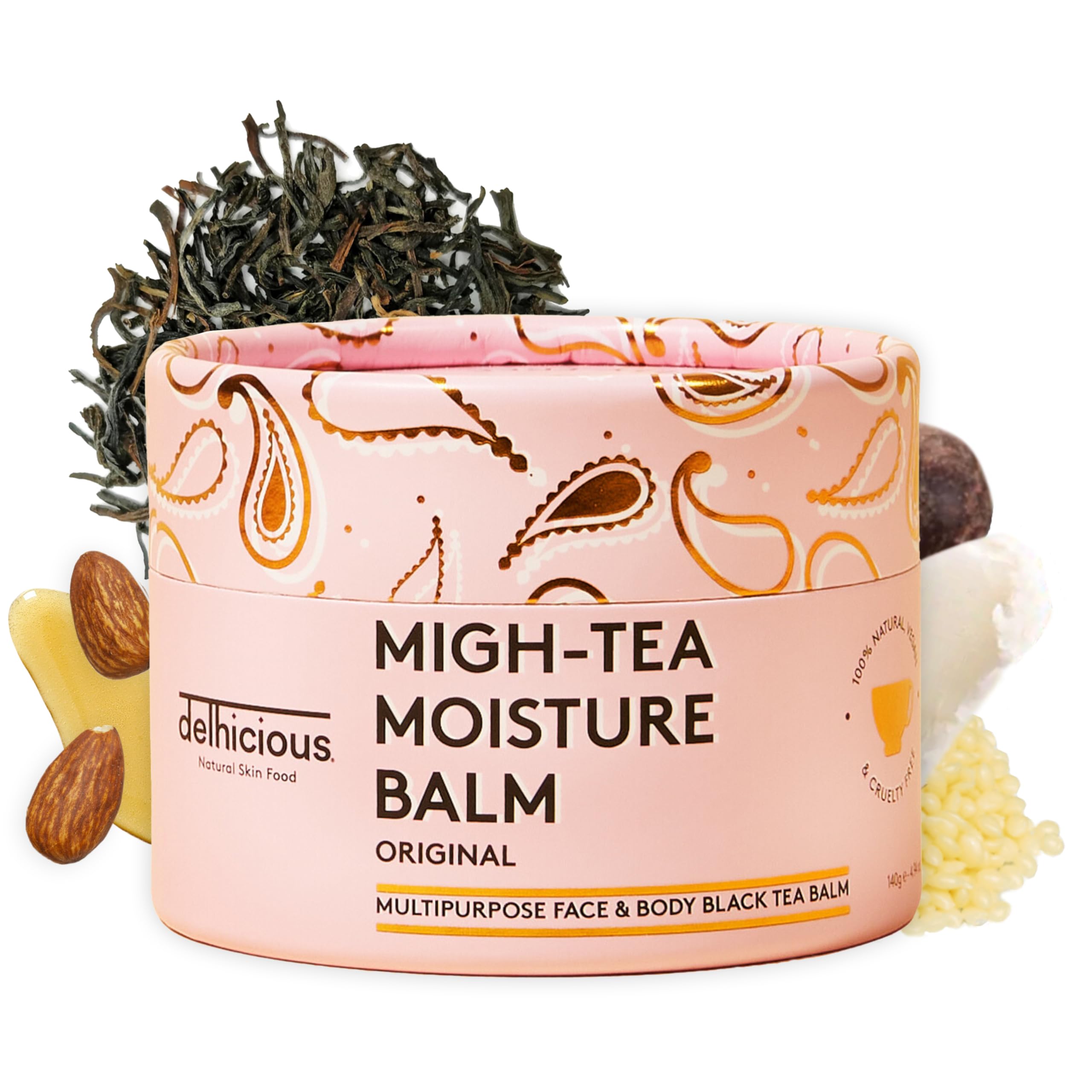 Delhicious Migh-Tea Moisture Face & Body Balm for Very Dry Skin - Eczema Relief, Psoriasis Treatment - Nourishing Shea Butter Moisturiser - Multipurpose Jumbo Balm - Natural, Vegan, Ayurveda - 140g