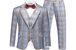 RINFAM Boys Tuxedo Suits Size 4-16 Plaid Stripe Dress Suit Jacket for Boys 3 Piece Tweed Pinstripe Slim Fit Suits Set