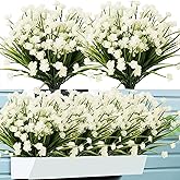 NOV FIRE Outdoor Artificial Fake Flowers - 8 Bundles Plastic Flowers Outdoors Plants UV Resistant Faux Flowers for Indoor Outdoor Garden Hanging Porch Window Box Wedding Decor(White)