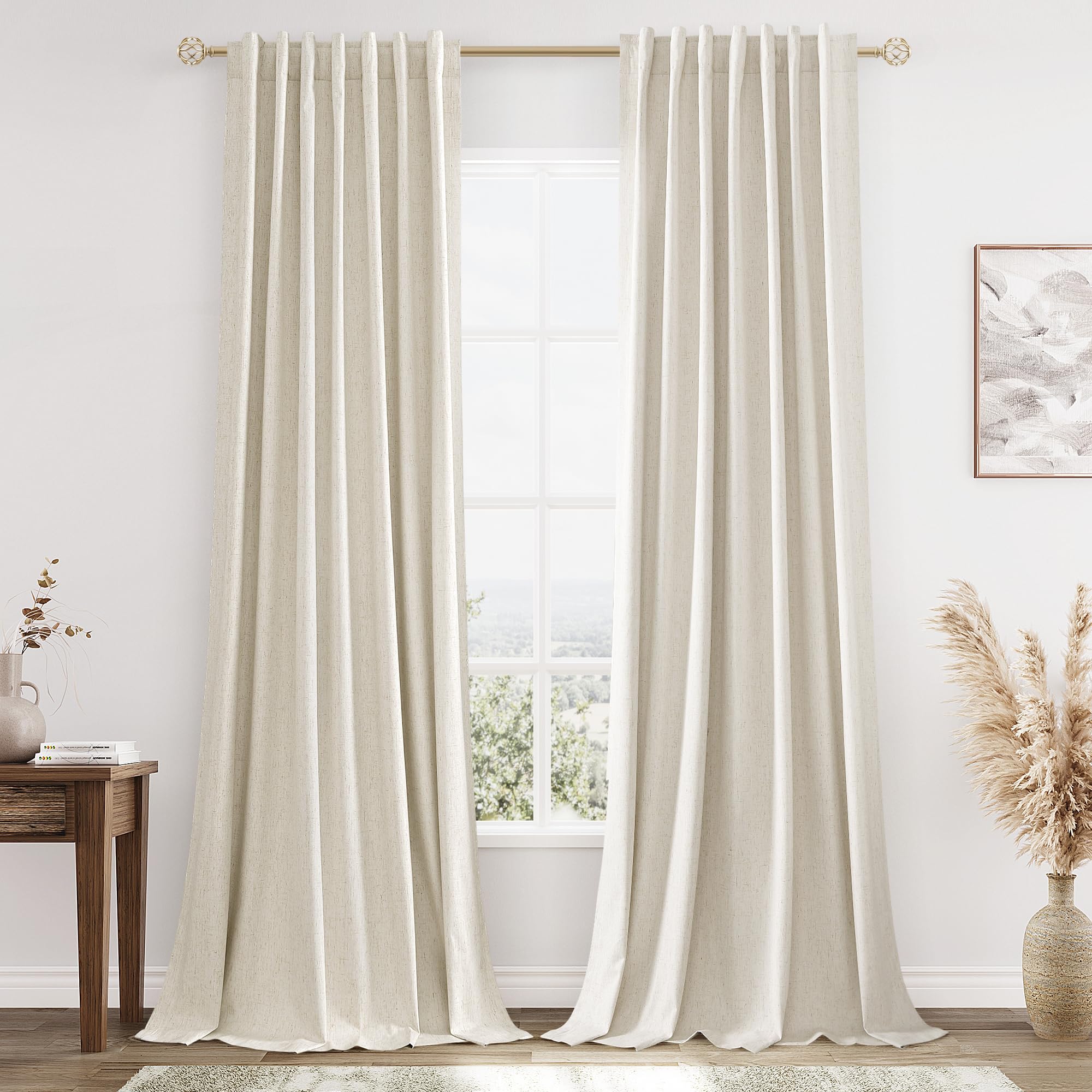 Photo 1 of Guken Beige Cream Linen Blackout Curtains 132 Inch Length 2 Panels Set for Living Room Bedroom Back Tab Thermal Insulated 100% Black Out Linen Drapes Room Darkening Window Curtains 132 Inches Long