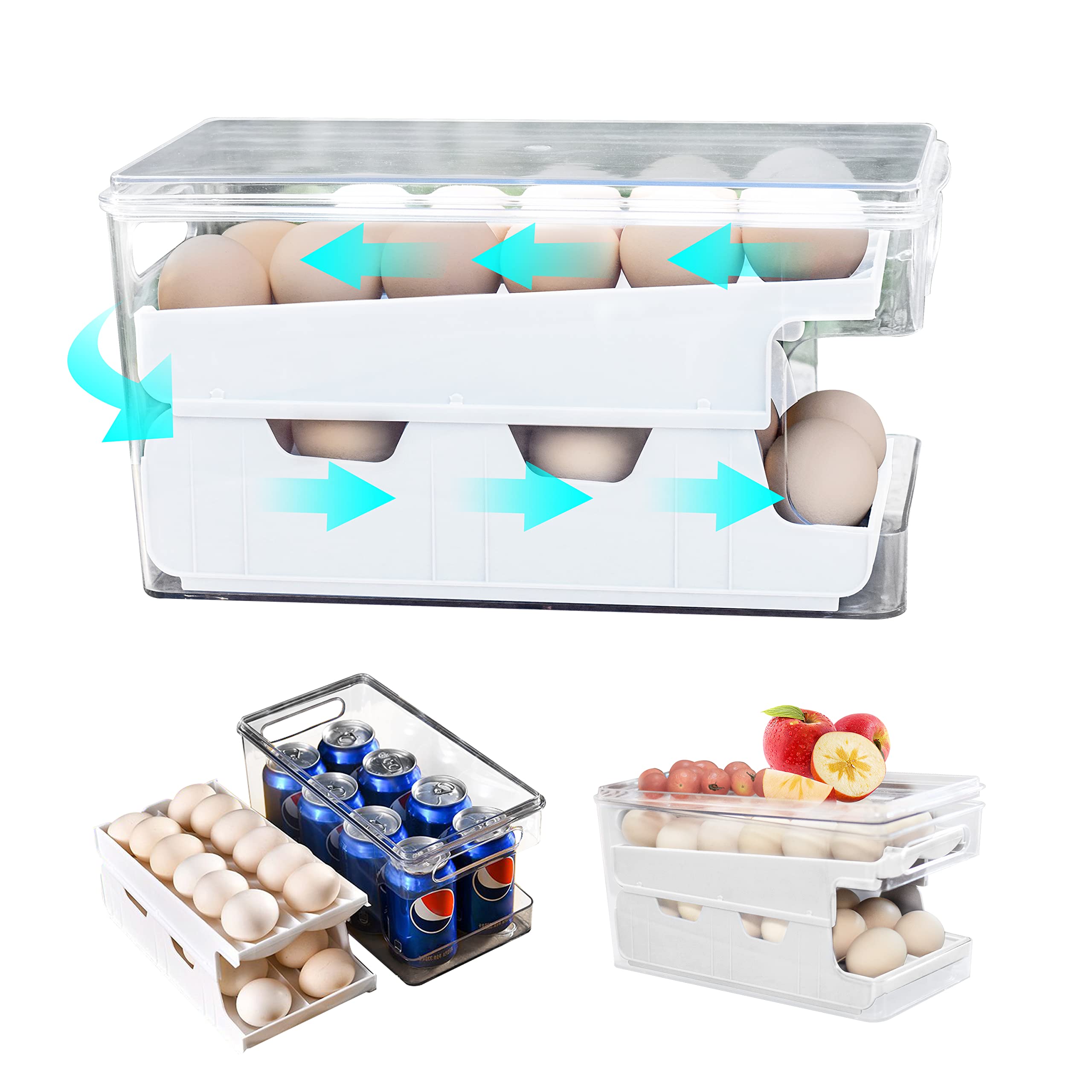 Virmate Rolling Egg Holder - 24 Count Automatic Egg Dispenser for Fridge Refrigerator, White