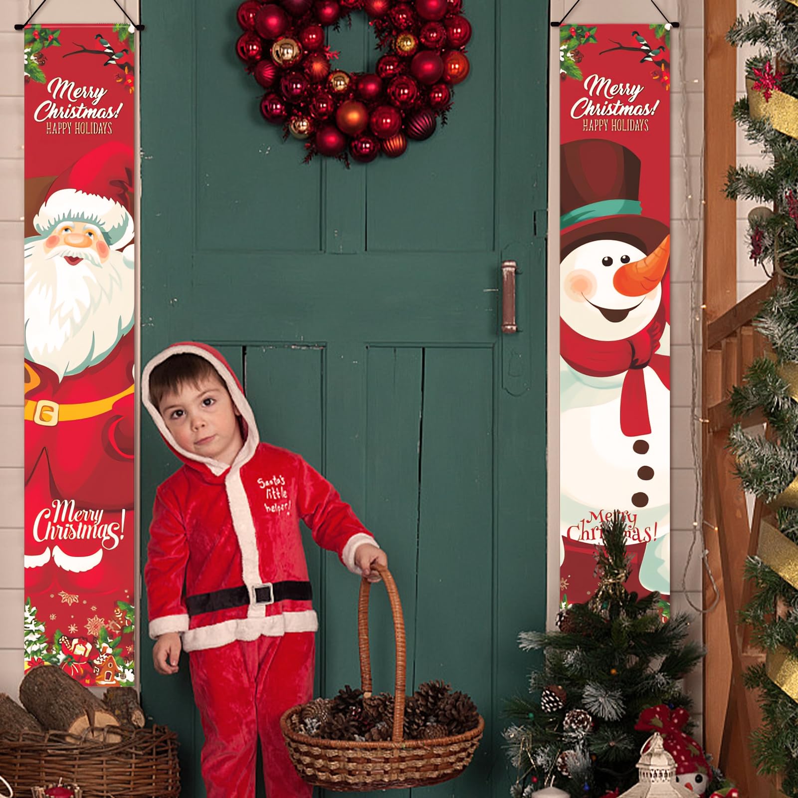 Minicoco Outdoor Christmas Decorations - Santa & Snowman Hanging Banners for Door Decor & Gifts