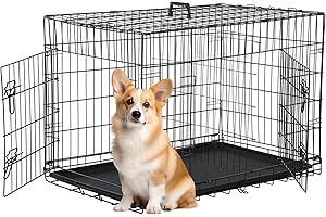FDW 30 inch Dog Crate Dog Kennel Cage with Double Door Folding Metal Wire Dog Cage with Removable Tray&Divider Panel,Pet Crate for Medium Dogs,Black