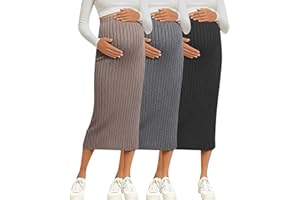 Huukeay 3 Pack Women's Maternity Skirt Over The Belly Adjustable Midi High Waisted Ribbed Stretchy Pregnancy Pencil Skirt