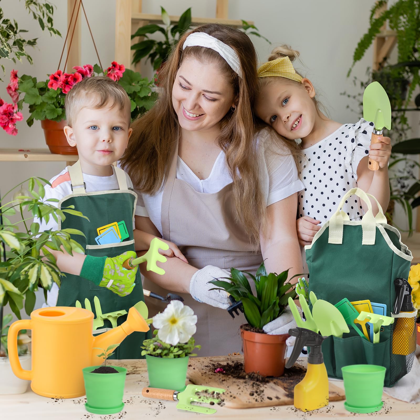 CUTE STONE Kids Gardening Tool Set, 20PCS Gardening Toys Includes Metal Rake,Fork,Trowel,Apron,Gloves,Watering Can,Tote Bag and Strickers, Garden Tool Kit for Kids, Outdoor Toys Gift for Boys Girls
