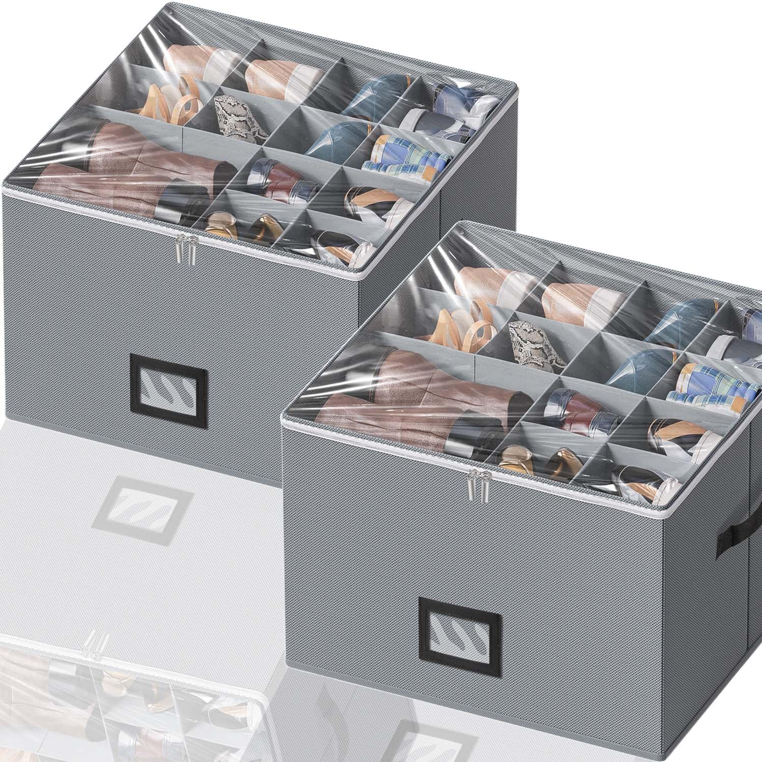 Photo 1 of Tiyforiba 2 Pack Shoe Organizer for Closet - Large shoe storage boxes Fit 16 Pairs, Fabric Shoe Bin with Clear Cover, Adjustable Dividers for Shoes, Handbags, Blankets, Linen, Clothin