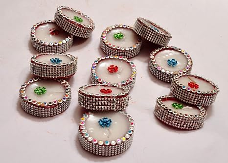 DSR Indian Art & Crafts Handmade Designer Fancy Clay Candle Wax Diwali Diya with Havey Stone Work for Diwali Puja Decoration Set of 12 Terracotta