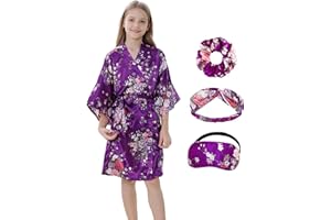 IVRRISS Kid Girls Silky Kimono Robes Party Set with Floral Patterns for Spa Brithday Wedding Short Robes