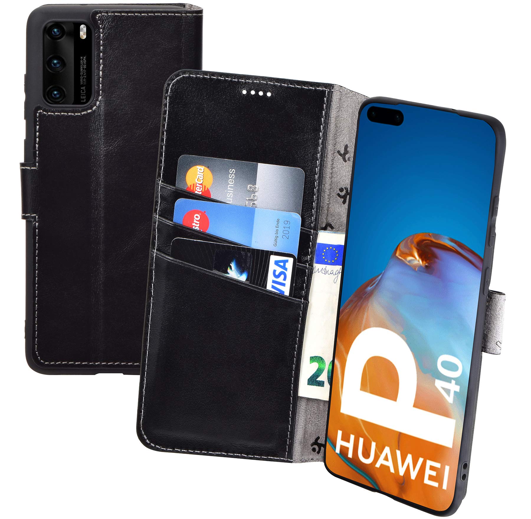 Suncase Book-Style Case Compatible with Huawei P40 Leather Case (Slim Fit) Leather Mobile Phone Case Protective Case with 3 Card Slots in Black