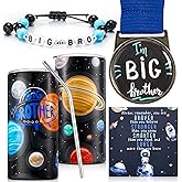 Sieral 4 Pcs Big Brother Gift Sets New Big Brother Tumbler with Straw Beaded Bracelet Medal with Lanyard Inspirational Card Baby Shower Gifts New Baby Birthday Party Favors for Little Boys(Space)