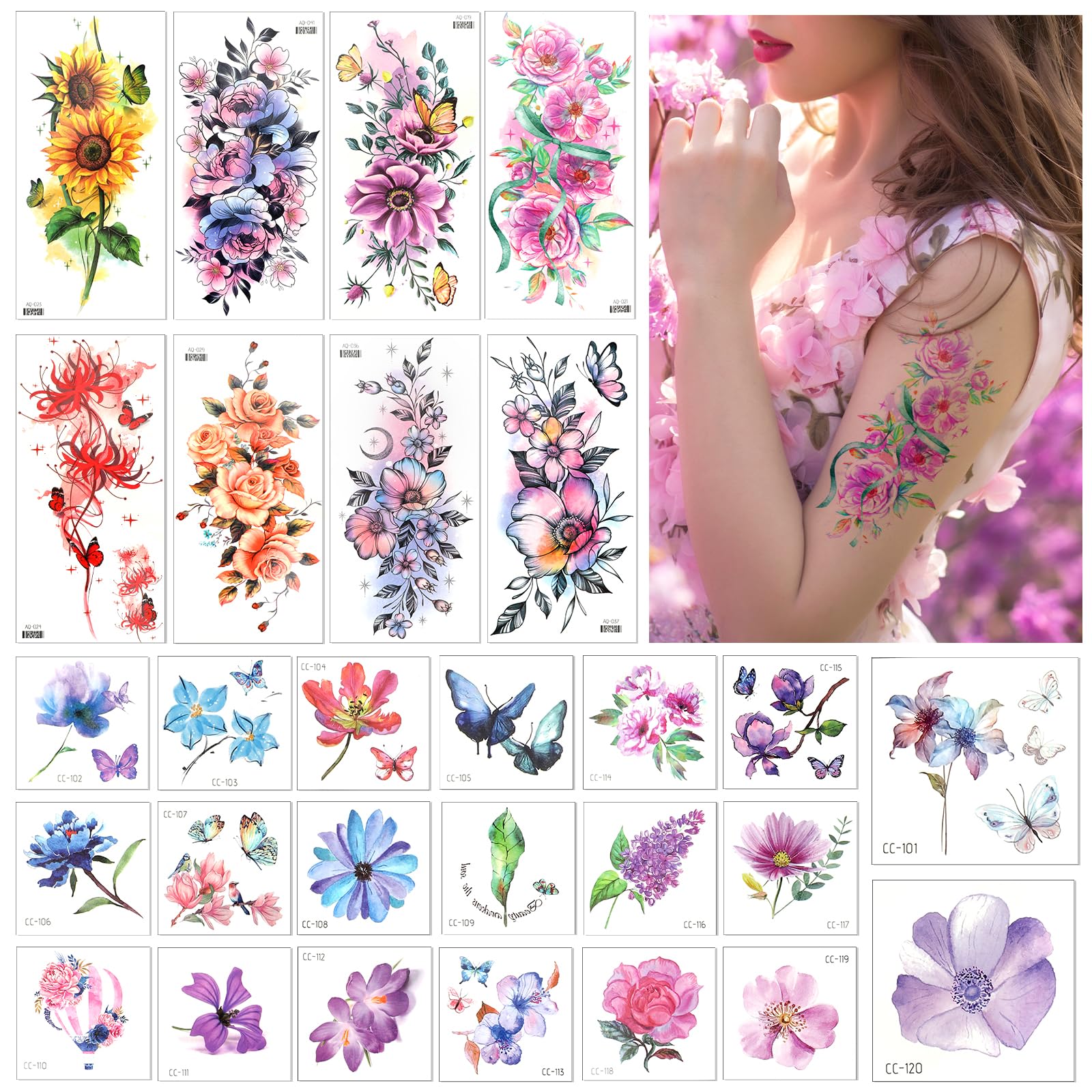 Amaxiu 8 Sheets Half Arm Flower Temporary Tattoos with 20 Small Floral Tattoo Stickers, Realistic Flower Temporary Tattoo Waterproof Fake Tattoos for Women Adults