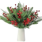 Vellibring 60 PCS Artificial Pine Branches Christmas Faux Pine Greenery Stems Red Holly Berries Fake Cedar Pine Needles Picks for Christmas Tree Wreath Garland DIY Crafts Holiday Home Decoration