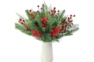 Vellibring 60 PCS Artificial Pine Branches Christmas Faux Pine Greenery Stems Red Holly Berries Fake Cedar Pine Needles Picks for Christmas Tree Wreath Garland DIY Crafts Holiday Home Decoration