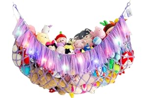 AMDERMI Large Stuffed Animal Net or Hammock with Led and Mesh Ribbon Wall Hanging Toy Net for Stuffed Animals Creative Stuff Animal Storage Ideas Macrame Toy Hammock Stuffed Animal Hammock-Purple