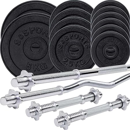 ScSPORTS® 48kg Guss Hantelset mit 1x Langhantel, 1x SZ Curlhantel und 2X Kurzhantel, Kombiset inkl. 12 Hantelscheiben