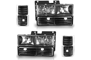 AUTOSAVER88 Headlights Assembly Compatible with 1994-1999 Chevy C/K Series C1500 C2500 C3500 K1500 K2500 K3500 Suburban 1995 1996 1997 1998 1999 Tahoe Headlamp w/Bumper Corner Lamp Black Housing