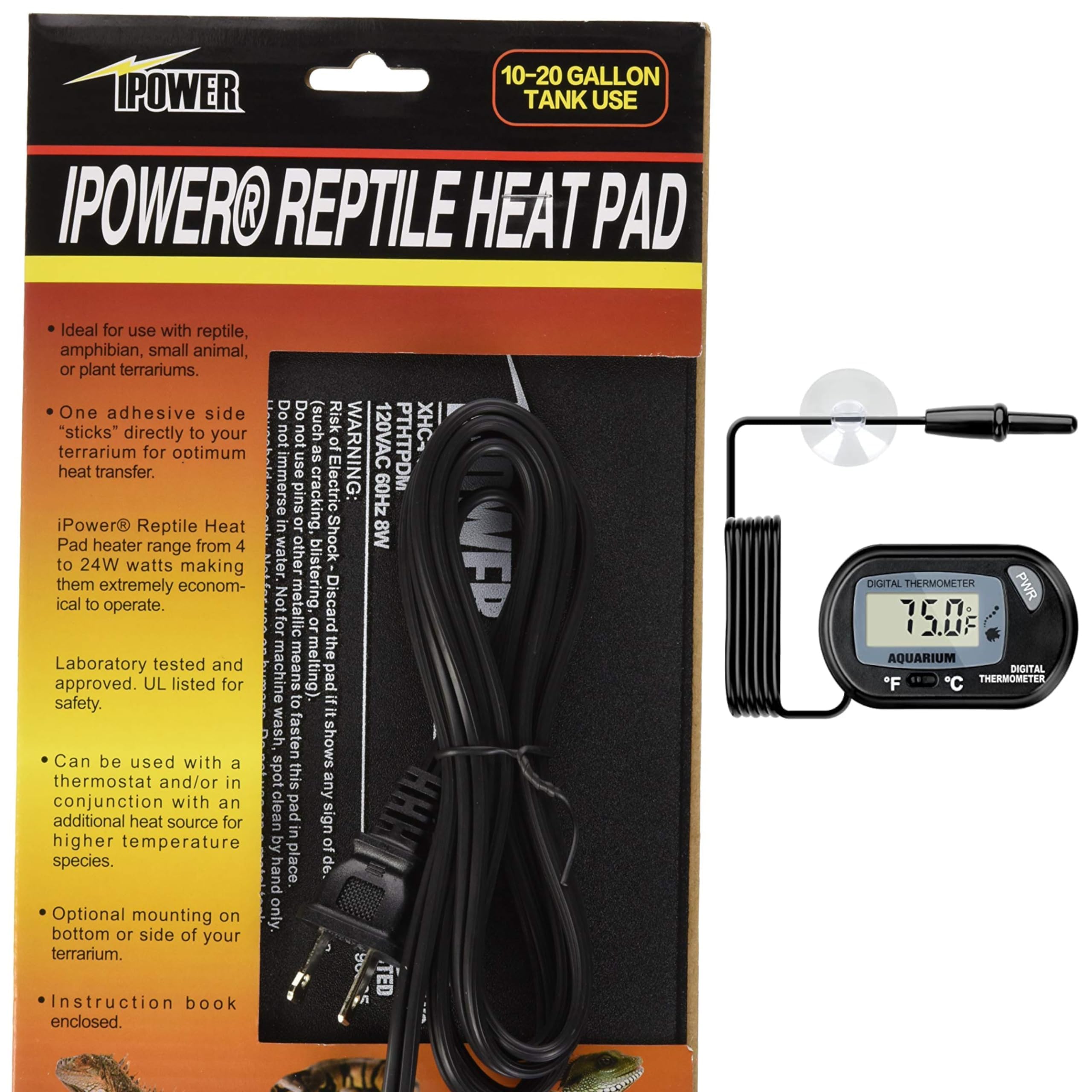 Photo 1 of iPower 6 by 8-Inch 8W Reptile Heat Mat, LCD Digital Aquarium Thermometer, Under Tank Warmer Terrarium Heat Pad for Turtles Lizards Frogs and Other Small Animals