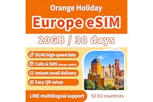 BILLION CONNECT Orange Holiday Europe eSIM - 30 Days 20GB High-Speed Data, Unlimited Calls & SMS in 38 European Countries, Bonus 30 Min Global Calls + 200 SMS, 5G/4G Hotspot, Instant Email Delivery(30 Days 20GB)