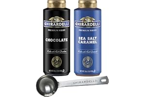Ghirardelli Sea Salt Caramel and Chocolate Flavored Sauce 16 oz Squeeze Bottles (Pack of 2) with Ghirardelli Stamped Barista Spoon