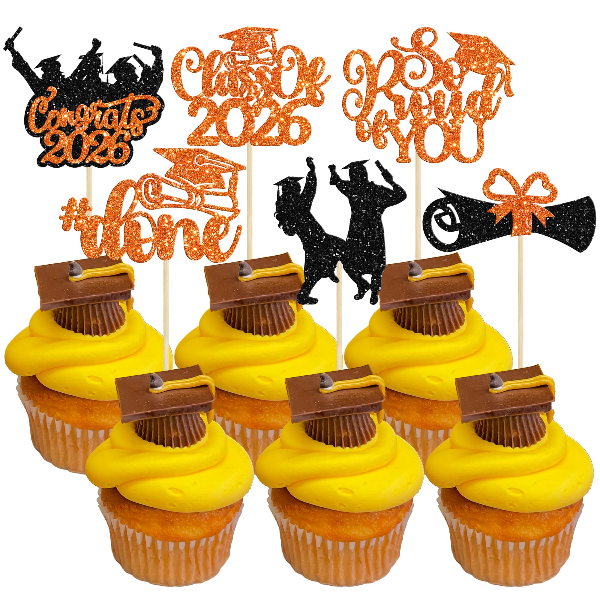 Gyufise 24Pcs 2026 Graduation Cupcake Toppers Glitter Class of 2026 Diploma 2026 Congrats Grad Cap Cupcake Picks 2026 Graduation Theme Party Cake Decorations Supplies Orange — image 1