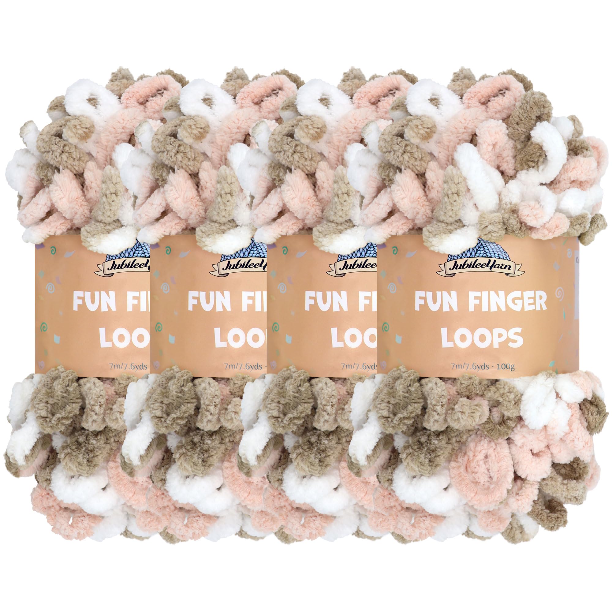 JubileeYarn Fun Finger Loops Yarn - Polyester Jumbo Weight Loop Yarn - 100g/Skein - Pink Brown White - 4 Skeins