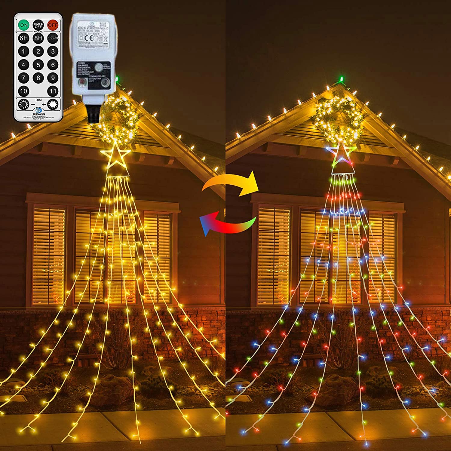 CORST Outdoor Star Curtain Lights Mains Powered,Roof Eaves Fairy Lights Outside Window Curtain Lights Plug in 335 LED Warm White Multi-Colour Waterproof with Remote for Tree Room Gazebo Decor