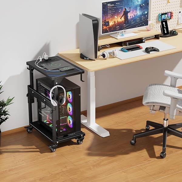 ZUAVIALA COMPUTER TOWER STAND WITH POWER OUTLET, 6 LEVEL HEIGHT AJUSTABLE PC TOWER STAND FOR FLOOR, MOBILE ROLLING CPU HOLDER CART FOR GAMING, OFFICE, HOME, 21.34″-28.3″, BLACK