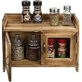 MyGift 14 Inch Rustic Burnt Wooden Storage Cabinet with Glass Window Doors and Vintage Brass Tone Handles, Small Box Organizer with Top Display Shelf for Kitchen or Bathroom