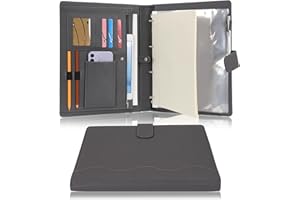 Wonderpool A4 Leather 4 Ring Holder Writing Portfolio Multi Document Case with Removable Binder Clipboard and Functional Pock
