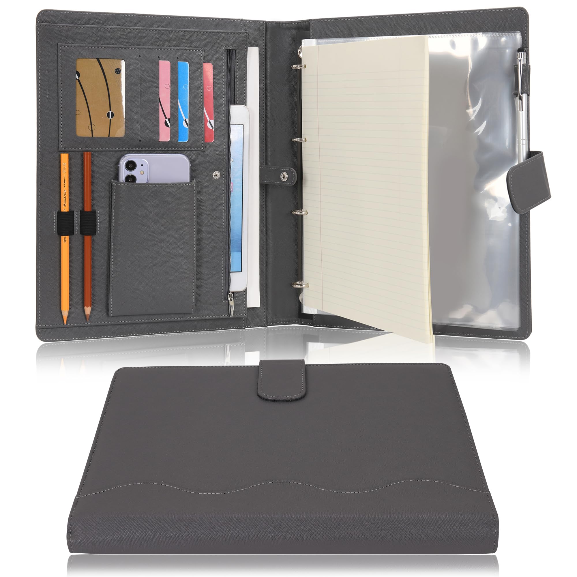Wonderpool A4 PU Leather 4 Ring Holder Writing Portfolio Multi Document Case with Removable Binder Clipboard and Functional Pocket for Organizer Office Travel School (Grey)
