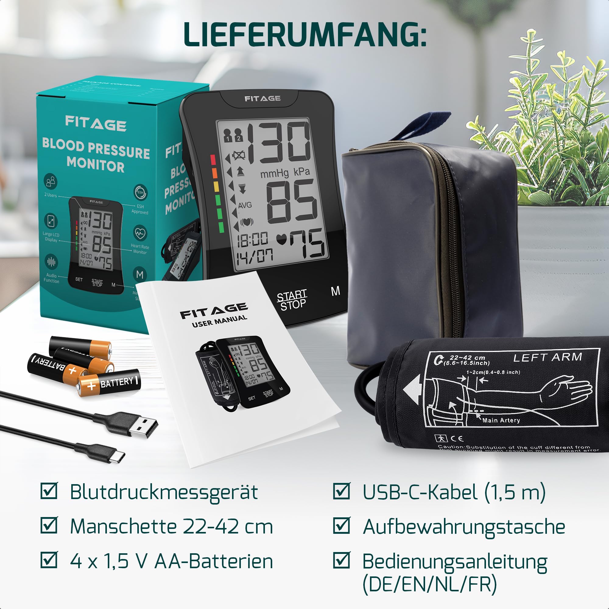 FITAGE Blutdruckmessgerät Oberarm Digital Blutdruck-Messgerät und Pulsmesser mit Speicherfunktion Manschettensitzkontrolle für Oberarmumfänge von 22-42 cm, Arrhythmie-Erkennung Blood Pressure Monitor 8