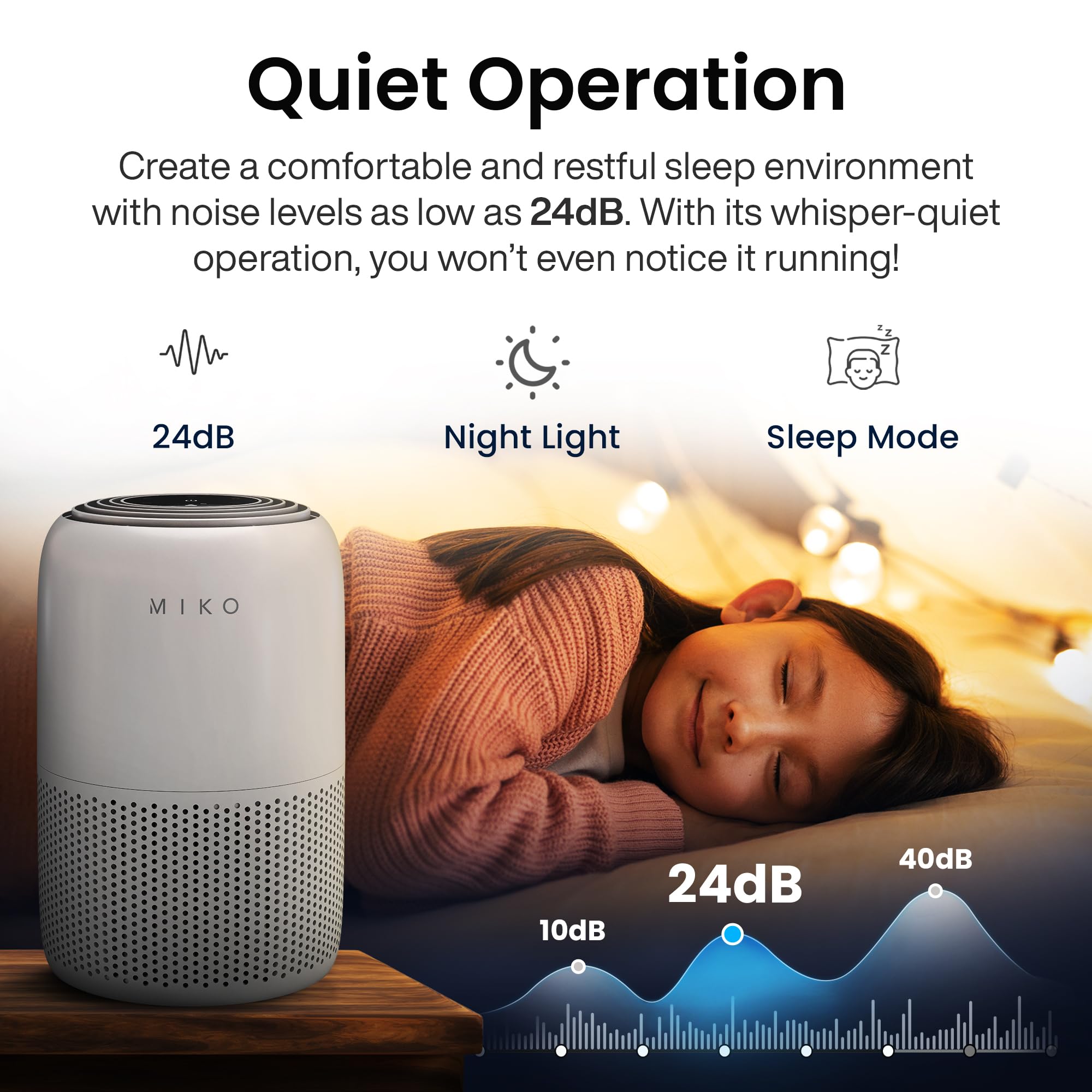 MIKO Air Purifier for Bedroom with 3-in-1 HEPA Filter & Sleep Mode, Whisper Quiet, Covers Up to 1200 ft, Smart Wi-Fi App Control - Removes Smoke, Allergens, Pets Hair, Dust, Odors, Pollutants