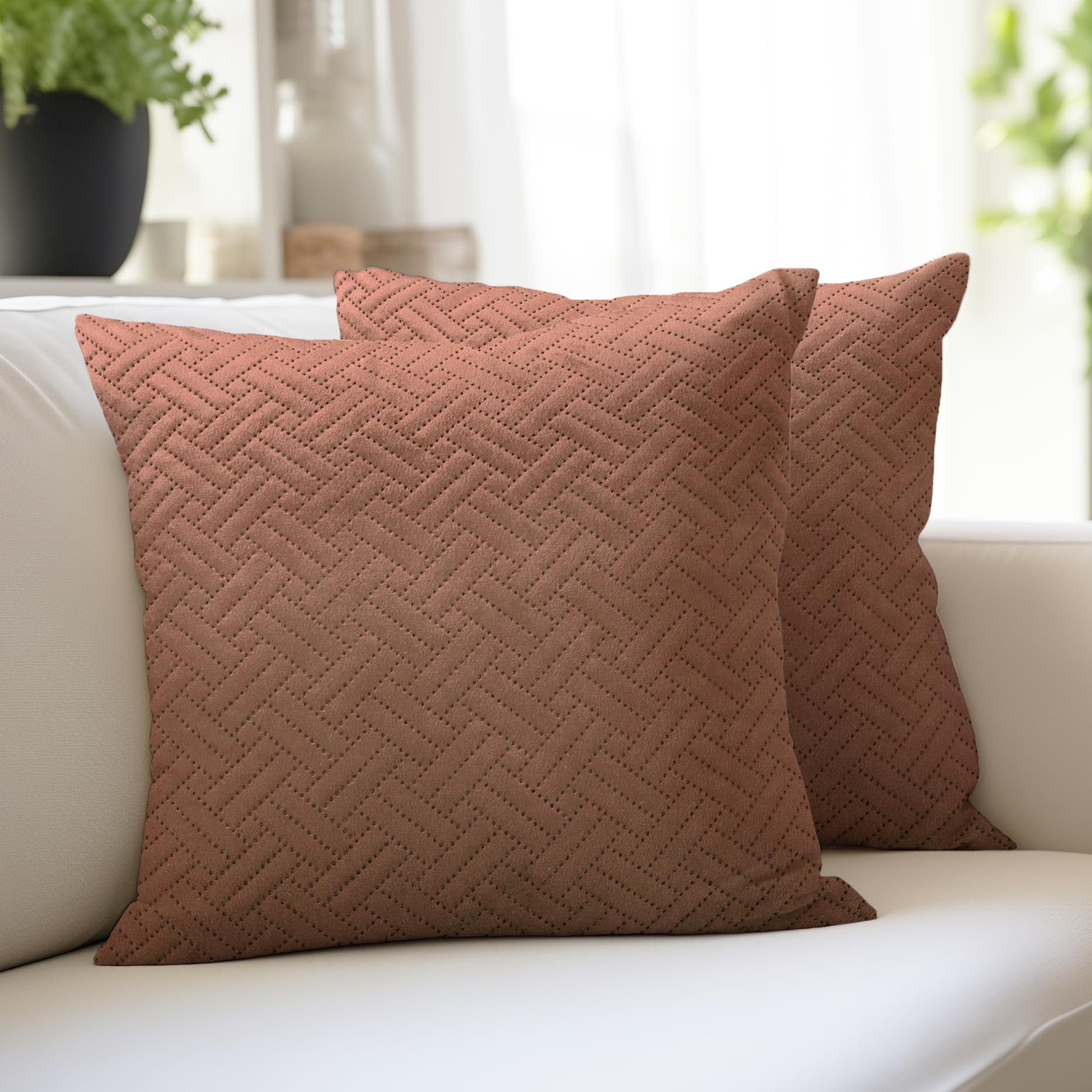 Encasa XO Cushion Covers 50x50 cm Set of 2 | Solid Color Quilted Velvet Sofa Cushion Covers | only Covers No Insert | Both Side Quilted Fabric | Bronze | Decorative Pillow Covers For Home